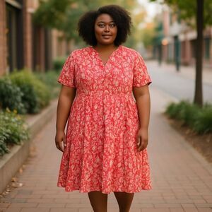 J.McLaughlin Red Pink Floral Midi Dress XL Puff Sleeve Belted Button Front Colla